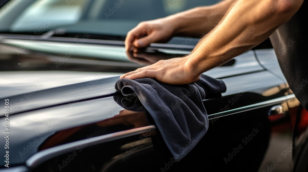 Car wash, Man are cleaning car with microfiber cloth.