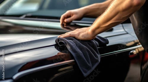 Car wash, Man are cleaning car with microfiber cloth. © visoot