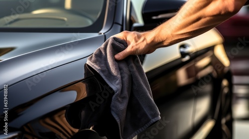 Car wash, Man are cleaning car with microfiber cloth. © visoot