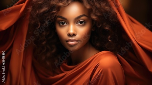 Portrait of beautiful African American woman with brunette curly haired with dark skin and smile.