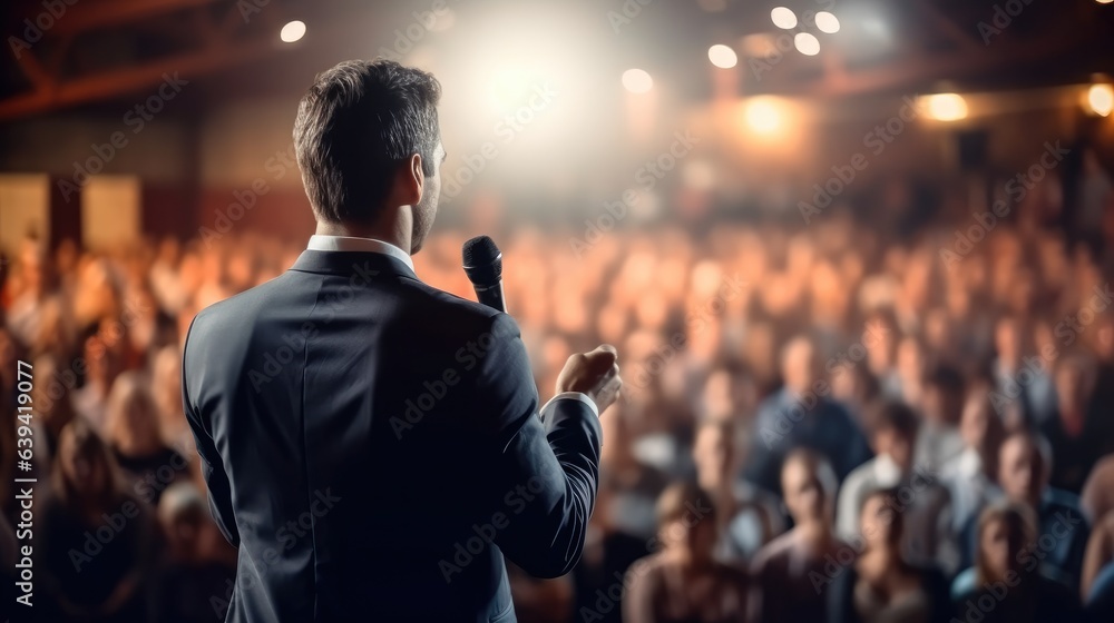 Rear view of motivational speaker standing on stage in front of audience for motivation speech on business event. - obrazy, fototapety, plakaty 