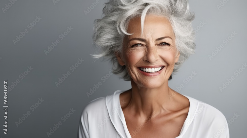 Beautiful beautiful elderly senior model woman with grey hair are laughing and smiling, Healthy face skin care beauty.