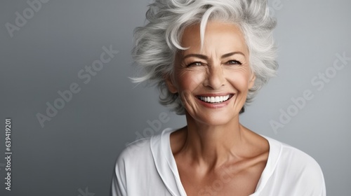 Beautiful beautiful elderly senior model woman with grey hair are laughing and smiling, Healthy face skin care beauty.