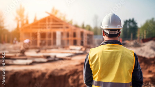 A construction engineer standing in a helmet against the background of a house under construction. 