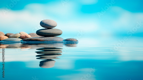 Smooth stones placed in water  casting reflections  symbolizing a concept of peace  meditation  and relaxation. Generative AI 