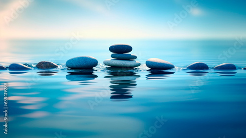 Smooth stones placed in water, casting reflections, symbolizing a concept of peace, meditation, and relaxation. Generative AI 