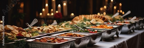Catering buffet food indoor with meat colorful fruits and vegetables at restaurant.