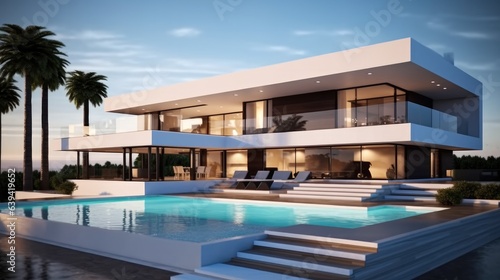 Modern Minimalist Villa with swimming pool at sunset. © visoot