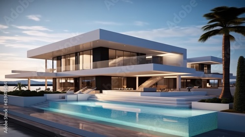 Modern Minimalist Villa with swimming pool at sunset. © visoot