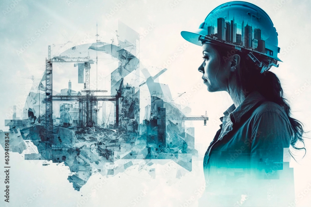 
Architect designing in her mind how a construction will look. Engineer woman devising the future of a construction. Working woman looking at the future. Real estate business conceptual image. - obrazy, fototapety, plakaty 