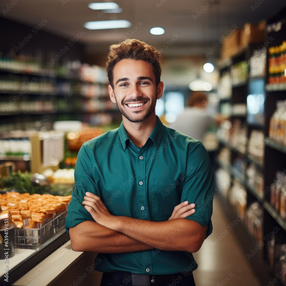 Fototapeta premium Cashier serving customers in supermarket, Young and attractive salesman.