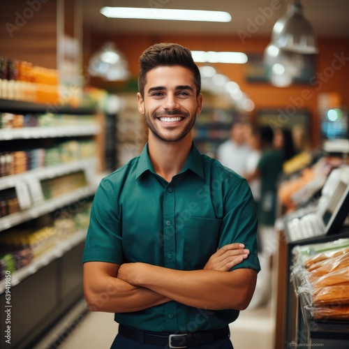 Cashier serving customers in supermarket, Young and attractive salesman.