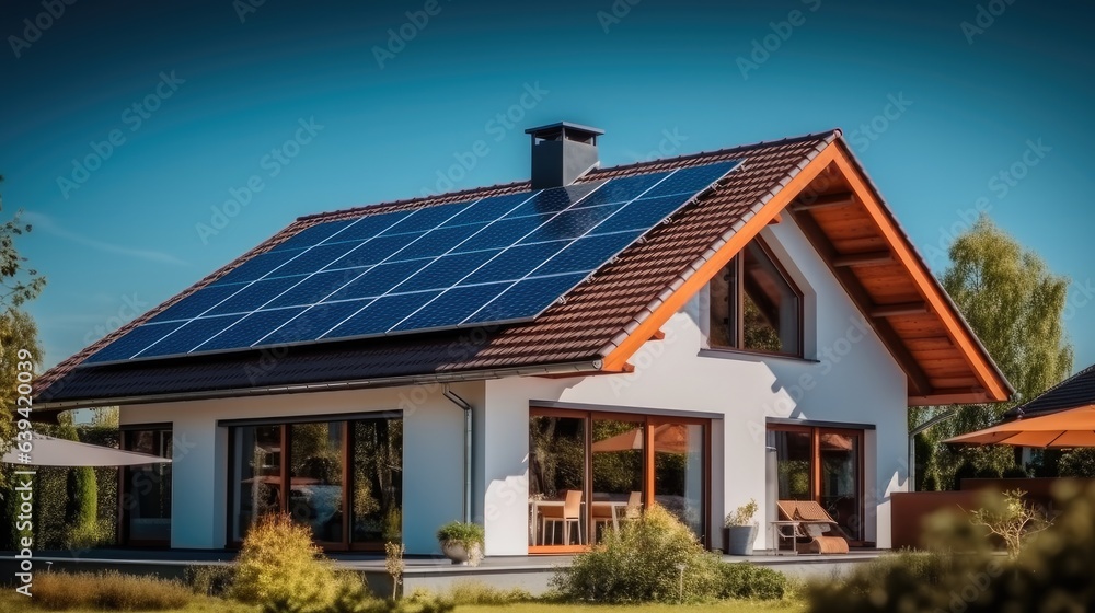 Solar panels on roof of new home, Sustainable and clean energy concept.