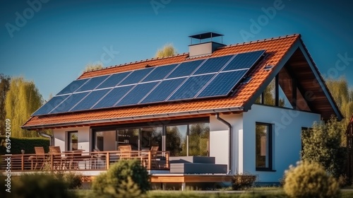 House with solar panels on the roof  Sustainable Resources renewable energy source  Alternative innovation.