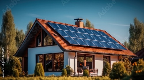 Solar panels on roof of new home, Sustainable and clean energy concept. © visoot