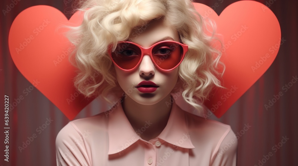 Portrait of beautiful young woman wearing red glasses with a big pink heart background.