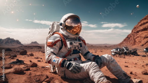 Astronaut in Space Futuristic Space mission on other planet Space TIme travel in universe Cosmos Astronaut Landscape Star Galaxy Sun Solar System Portal Mars NASA astronaut Chilling Beer Drink