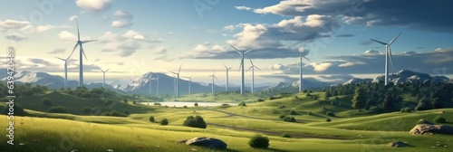 Windmill wind power electricity farm field, Ecology innovation technology, Sustainable and clean energy concept, Banner.
