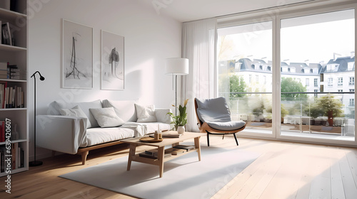 interior design  scandinavian style  scandinavian design  white style  living room  modular furniture with cotton textiles  wooden floor  low ceiling  large steel windows viewing a city  carpet on the