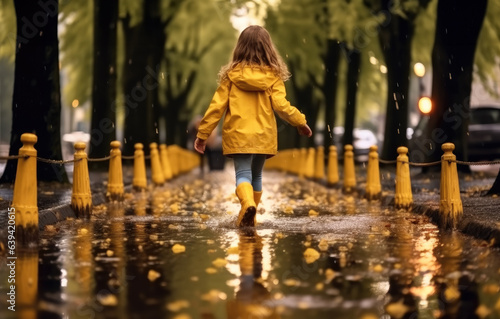 Rear view, Young girl wearing rain yellow boots are jumping and splashing in puddles as rain falls around them.