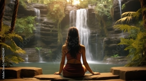 Rear view, Young girl yoga practice in a garden with waterfall background.