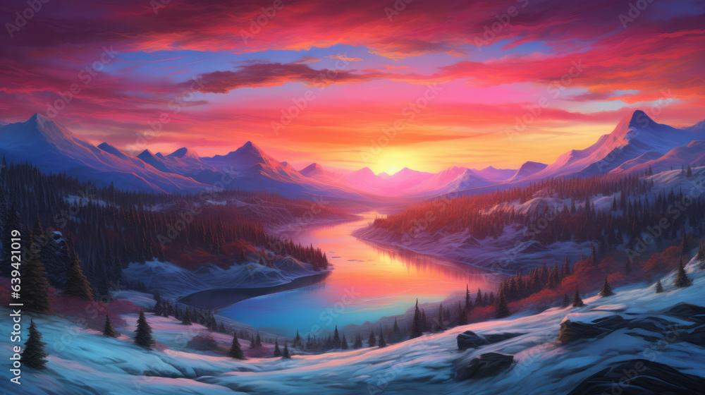A breathtaking sunset over a serene mountain