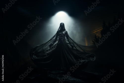 The evil nun's figure rising against a backdrop of ominous darkness, her twisted form gradually transforming into a spectral being as she ascends. Generative Ai