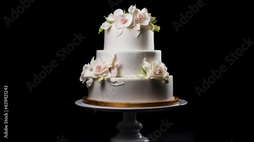 White cake, wedding cake, birthday cake, on a black background, decorated with flowers pearls and candles, white frosting, elaborated decoration, mariage, love, petals, cake with icing, luxury