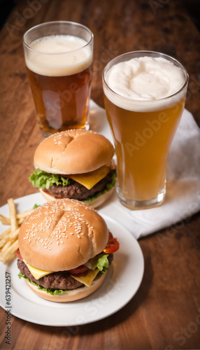 juicy hamburgers on a table with beer and soda