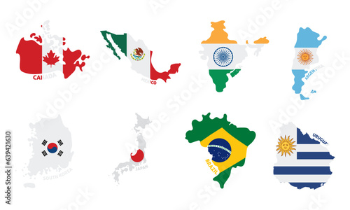 Set of colored country maps with its flags Vector