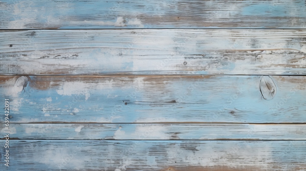 Photo of a blue wooden background with white clouds in the sky