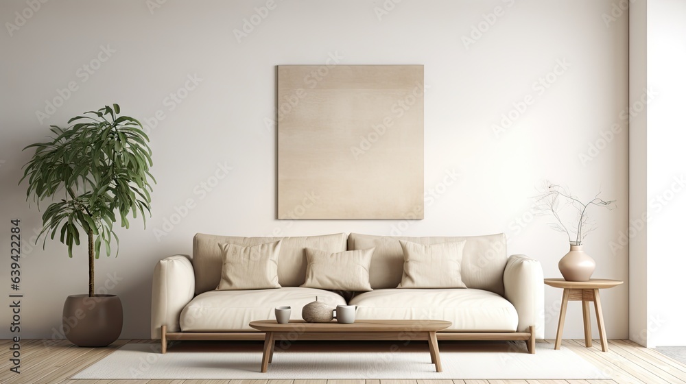 Naklejka premium a modern living room with a beige sofa against a white background and an empty wall.