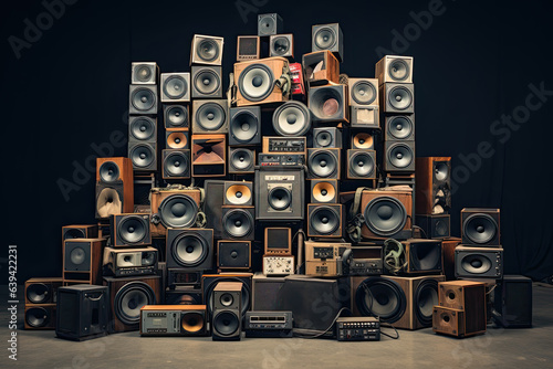 Wall of hi-fi audio speakers. Mid sized audio speakers or monitors stacked up.