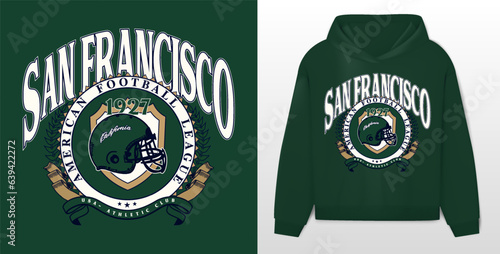 logo slogan graphic, retro college university with sport, shield and laurel. green hoodie, city san francisco, california, health and fitness club summer SS23 american football crest sport 