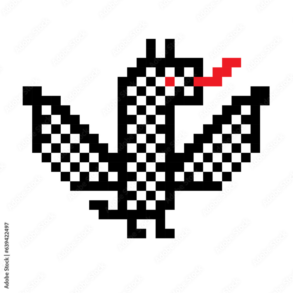 Black and white cute pixel dragon isolated on white background in baby art style. For celebrating chinese new year 2024, home textile, bedding, wallpaper, apparel fabric, package. Vector illustration