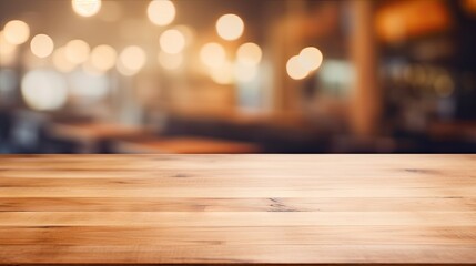 Blurred coffee shop and restaurant interior background with empty wooden table. Use for products display or montage.