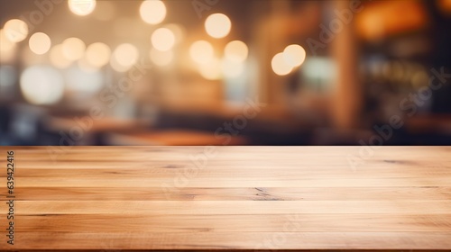 Valokuva Blurred coffee shop and restaurant interior background with empty wooden table