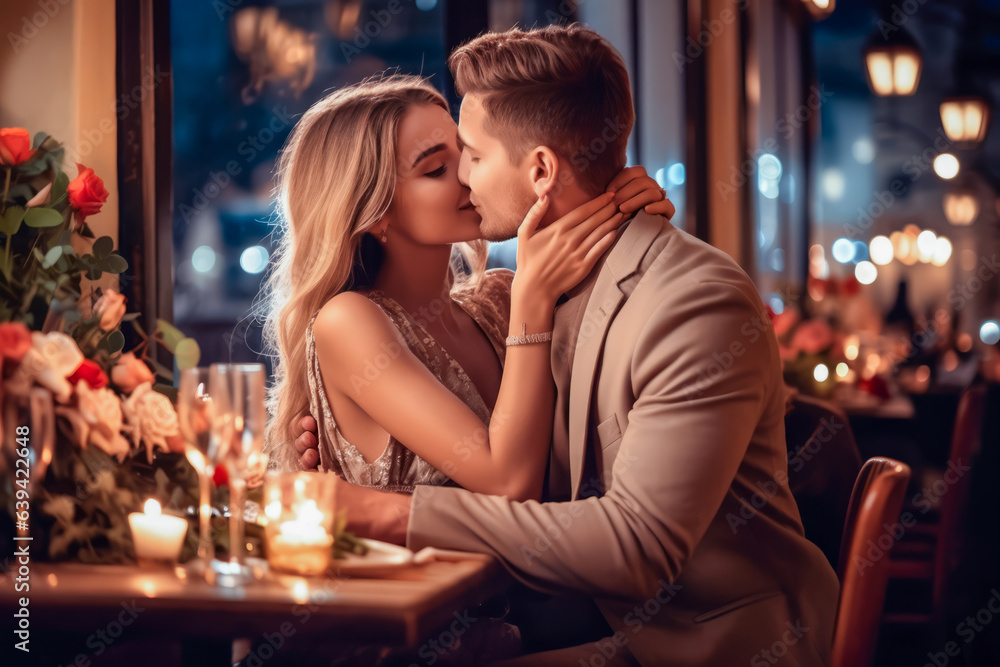 Elegant caucasian couple enjoying a romantic dinner in restaurant for Valentine's Day; captures moments of love, special dates, and memorable celebrations in a relationship.