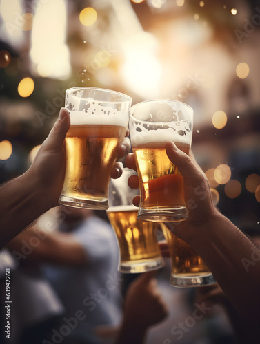 Hand holding glass of beer  brewery  people cheering  cheers  spending a moment together with friends  party  happy moment  nightclub  restaurant  cheering  family