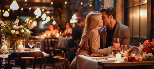 Elegant caucasian couple enjoying a romantic dinner in restaurant for Valentine s Day  Love  special dates  and memorable celebrations in a relationship. 21 9 aspect ratio. Copy space.