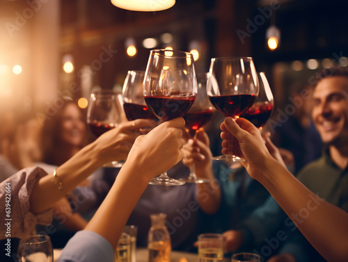 Hand holding glass of red wine , people cheering, cheers, spending a moment together with friends, party, happy moment, wine tasting, cheering, family © Megalith