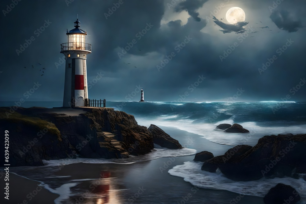 a charming lighthouse standing proudly on a beach, guiding ships through the night