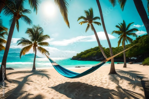 a hammock strung between two palm trees  overlooking a sandy beach and ocean 