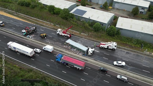 aerial Drone view of truck in accident on motorway