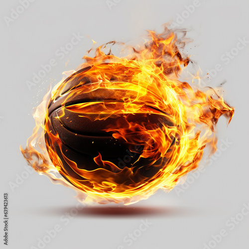 Firing, flying flames basketball ball 3d realistic, vector illustration on black background. © peekeedee
