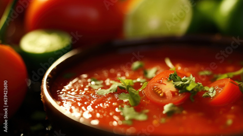 A detailed look at the tantalizing texture and vibrant color of gazpacho as it dances slowly around the bowl.