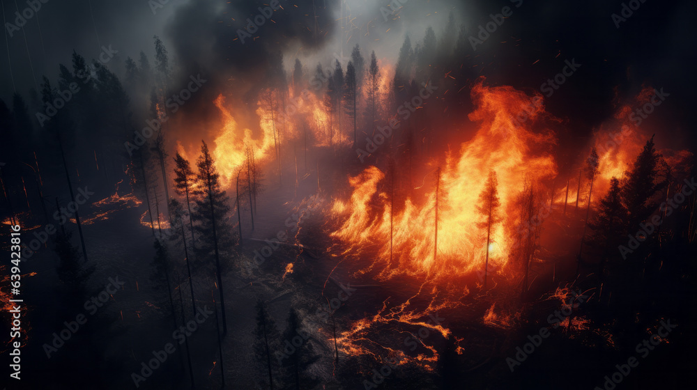 A raging forest fire with thick smoke