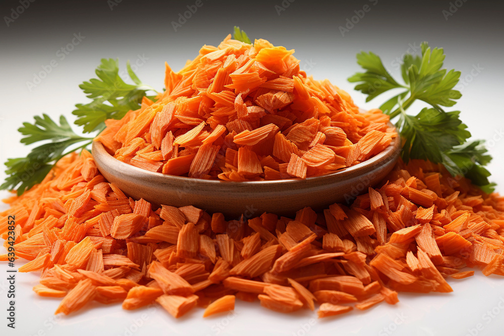 Step into a world of vibrance with our high-quality image featuring shredded carrots. These carrots take center stage against a pristine, clean backdrop, radiating freshness and energy. 