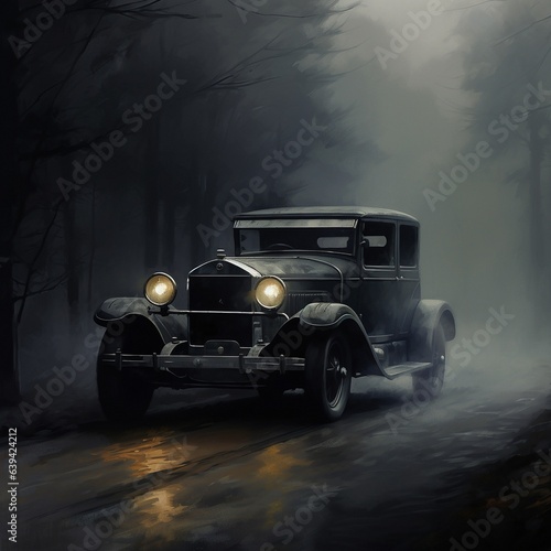 Car on a foggy road. High quality illustration
