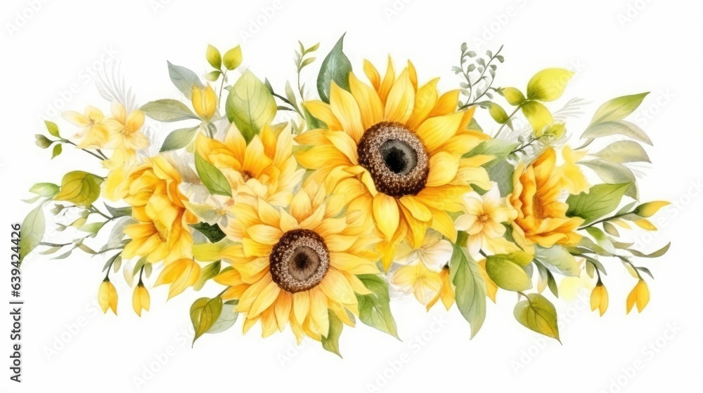 Watercolor yellow sunflowers on white space for wedding invitation ornament.